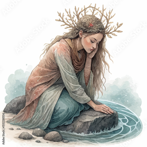 Oracle of the sea with closed eyes, creating tide patterns, sitting on a rock. Realistic vector illustration.