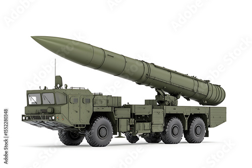 Olive drab military vehicle with missile mounted on a white background for defense and transport. The vehicle has multiple wheels and a large cab.
