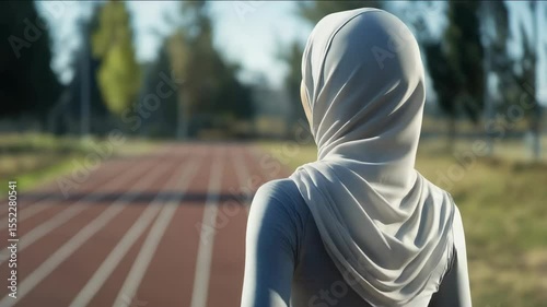 A woman wearing a white scarf is standing on a track. Concept of determination and focus as the woman prepares to run. Muslim woman in hijab. Mannequin in dress and hijab. Modesty. Religion Islam.