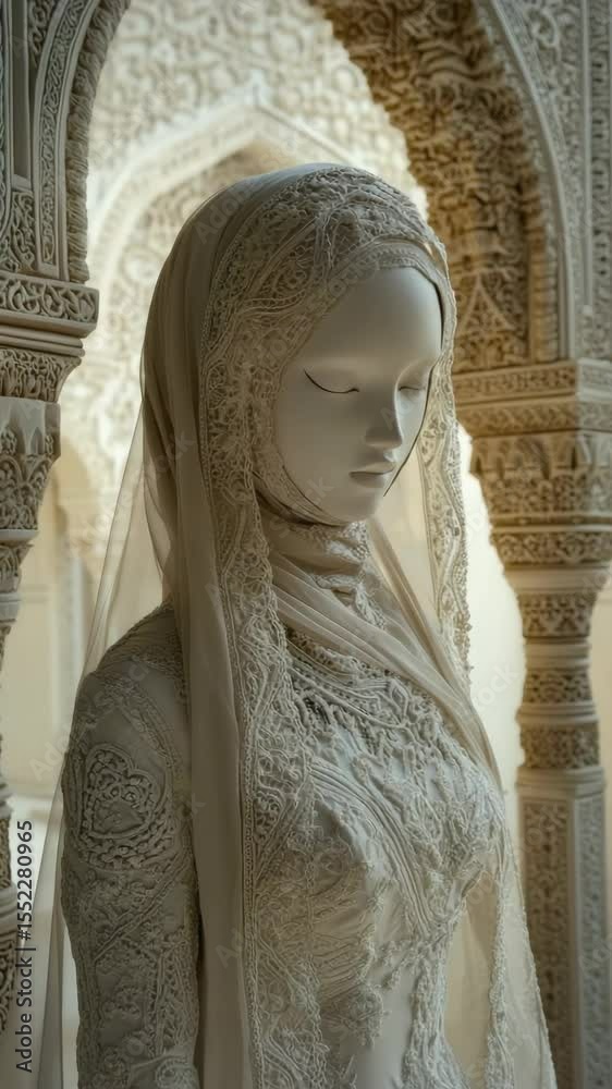 Muslim woman in hijab. Mannequin bride in wedding white festive dress and hijab. Modesty. Religion Islam. Wedding and engagement. A woman wearing a white head scarf stands in front of a wall with intr