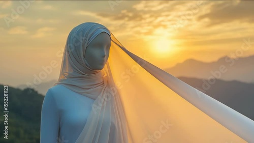 A woman wearing a white scarf stands in front of a mountain. The sun is setting in the background. Muslim woman in hijab. Mannequin in dress and hijab. Modesty. Religion Islam.