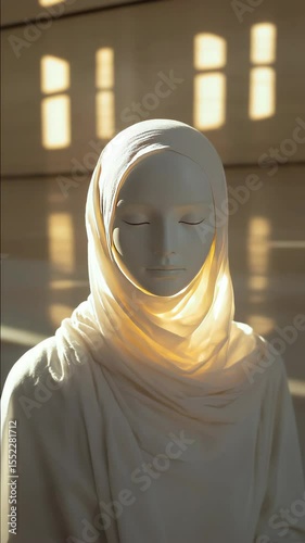 A woman is wearing a white scarf and standing in front of a window. The scarf is draped over her head and the sunlight is shining on it, creating a beautiful and serene atmosphere. Muslim woman in hij