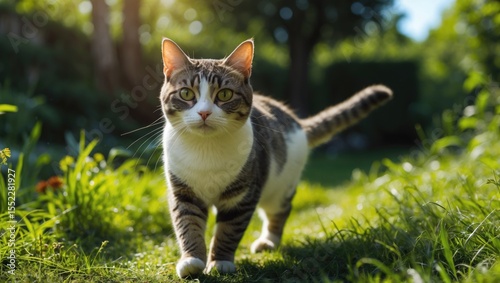 Tabby White British Shorthair Cat walking on grass outdoors in the garden, prowling and looking at the camera on a sunny summer day with empty space for text