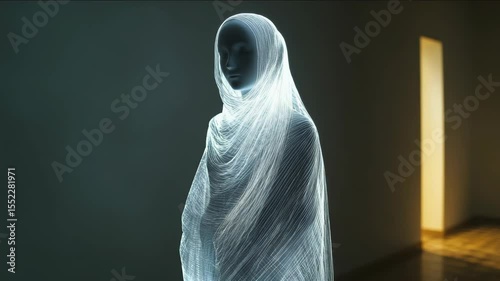 Muslim woman in hijab. Mannequin in dress and hijab. Modesty. Religion Islam. A woman in a white dress is standing in a dark room. The room is empty and the woman is the only person in it. The room is