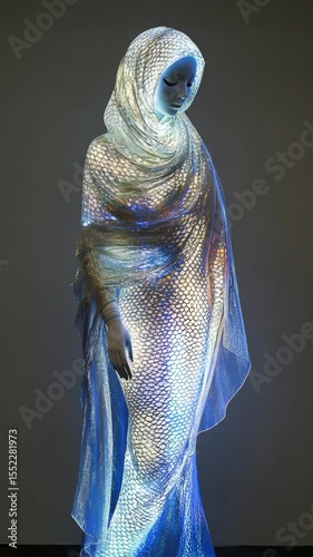 Unusual shiny hijab. The dress is made of shiny material and has a lot of sparkles. The woman is wearing a long gown and a veil. Muslim woman in hijab. Mannequin in dress and hijab. Modesty. Religion 