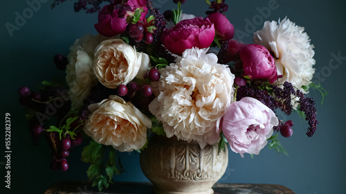 Elegant English garden bouquets in vintage vases, adorned with peonies, tulips and roses and other flowers, displayed in manor garden with dappled light and timeless floral grace