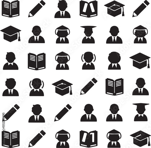 Collection of black and white icons representing education and learning school university