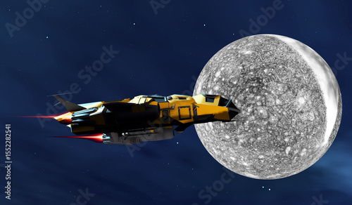 Fototapeta Naklejka Na Ścianę i Meble -  Callisto Jupiter Moon - A spaceship visits one of Jupiter's moons called Callisto.