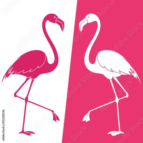 Contrasting Pink and White Flamingo Silhouettes - Stylized Tropical Birds on Dual Color Background