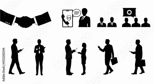 Silhouetted business interactions are illustrated, including a handshake, phone call, and discussions among colleagues