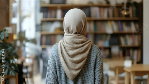 A woman wearing a scarf and a black head scarf is sitting in a cafe. The cafe is filled with chairs and tables, and there are potted plants and vases on the tables. Muslim woman in hijab. Mannequin in