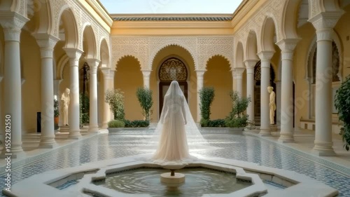 A woman in a white dress stands in front of a fountain. The fountain is surrounded by plants and trees, creating a serene and peaceful atmosphere. Muslim woman in hijab. Mannequin bride in wedding whi