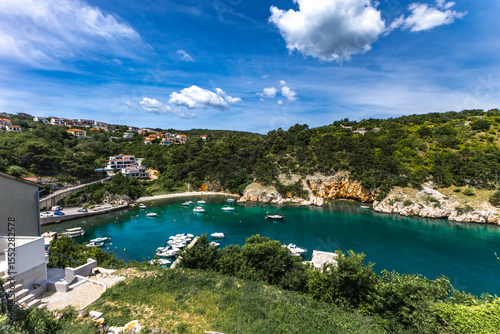 Cityscape of Vrbnik town. Dramatic summer seascape of Adriatic sea, Krk island, Croatia, Europe. Beautiful world of Mediterranean countries.