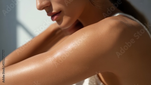 Female with smooth skin in sunlight close-up