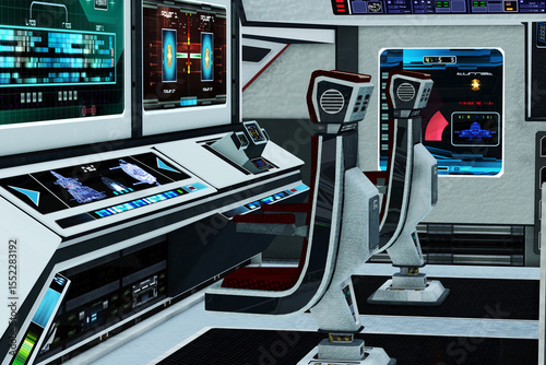 Fototapeta Naklejka Na Ścianę i Meble -  Spaceship Interior - The inside of the control center and room of a spacecraft on a mission out in space.