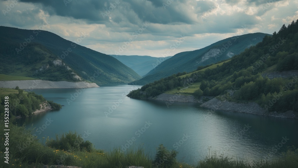 Obraz premium Amazing summer view of reservoir with empty space for text