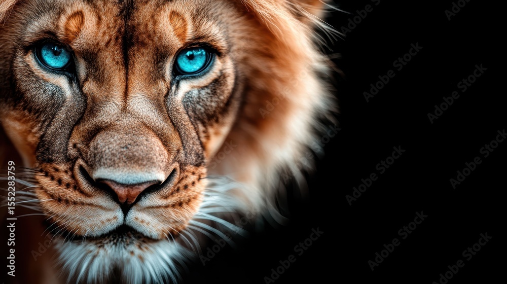 Fototapeta premium The captivating close-up portrait of a majestic lion with striking blue eyes evokes a sense of awe and reverence for wildlife, highlighting nature's beauty and power.