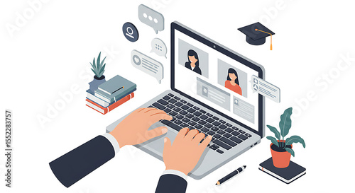 Online Education Meeting Flat Art Isolated on Transparent Background