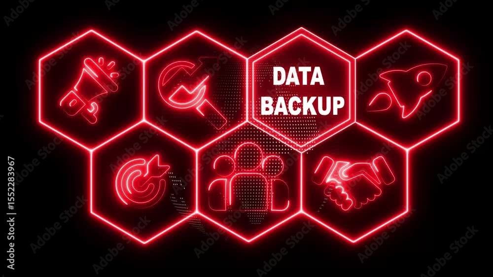 A Data Backup business concept from a display of white hexagon shapes and symbols with a blue tint. holographic advanced HUD circle platform technology network background