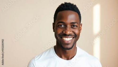 Portrait of a Smiling Black Man Against a Beige Background