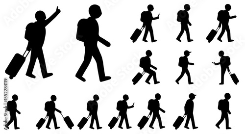 Black silhouettes showcase diverse people traveling with suitcases and backpacks on a white background conveying movement.