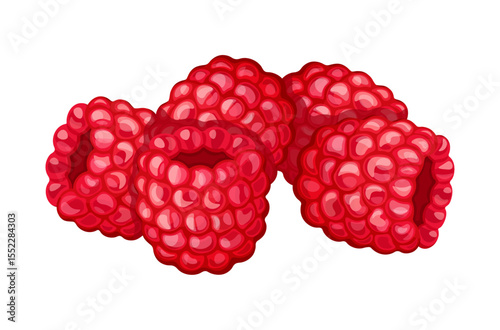 A bunch of ripe raspberries in a cartoon style. Vector illustration of sweet, fresh peeled raspberries isolated on a white background. Healthy, vitamin berries. Summer snacks.