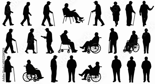 Silhouettes showcase elderly people in various activities like walking, sitting, using canes, and wheelchairs, evoking retirement life.