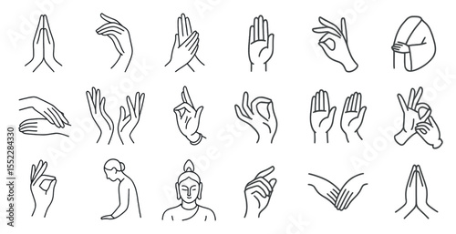 Set of hand icons, including the peace sign, are shown in a row. The icons are all in black and white, and they are arranged in a grid