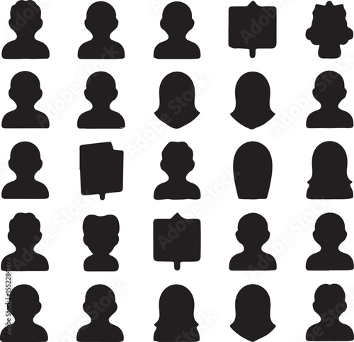 Collection of black silhouette user profile icons and shapes on white background person