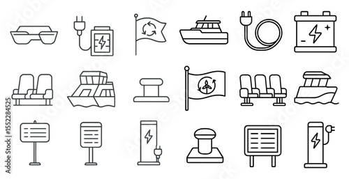 Collection of icons for various modes of transportation, including cars, boats, and airplanes. The icons are all in black and white and are arranged in a grid
