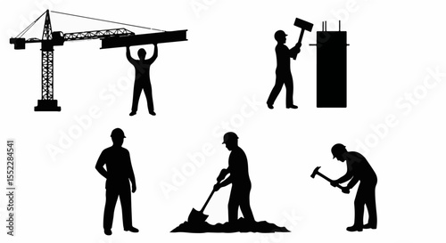 Construction workers working in different actions with crane silhouette vector art