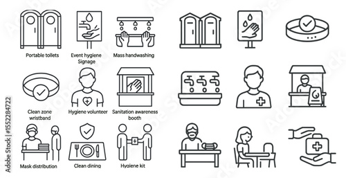 Series of icons depicting various aspects of hygiene and cleanliness. The icons include a hand washing sign, a portable toilet sign, a hand sanitizer sign, and a person wearing a bracelet