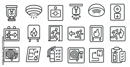 Series of icons for fire safety and emergency exits. The icons include a fire extinguisher, a fire hydrant, a fire alarm, and a fire escape ladder