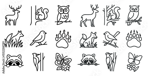 Collection of animal icons, including deer, birds, and squirrels. The icons are all drawn in black and white and are arranged in a grid