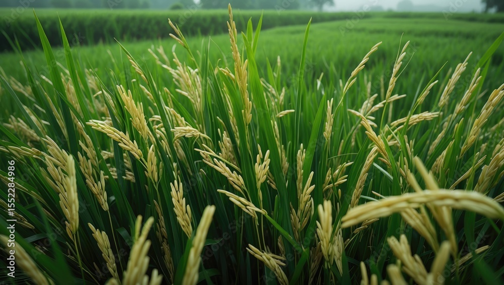 Fototapeta premium The grains of paddy in the green fields. Rice is a source of complex carbohydrates. Rice is a staple food.