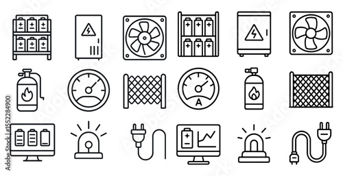 Collection of icons for various electronic devices and equipment. The icons include a computer monitor, a keyboard, a mouse, a cell phone, a laptop, a printer, a fan, a power supply, a battery