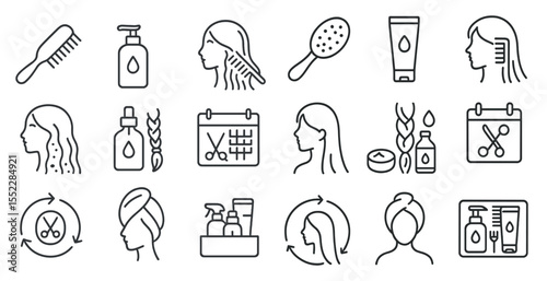 Set of icons for hair care products and tools. The icons include a brush, a comb, a bottle of shampoo, a bottle of conditioner, a bottle of hair spray, a bottle of hair gel, a bottle of hair oil