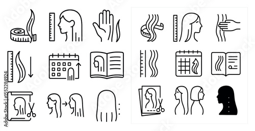 Set of icons for hair care and styling. The icons include a ruler, a pair of scissors, a calendar, a book, and a hand. The icons are arranged in a grid, with some overlapping and some not