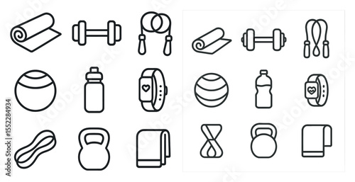 Collection of fitness icons including a dumbbell, a yoga mat, a jump rope, and a water bottle
