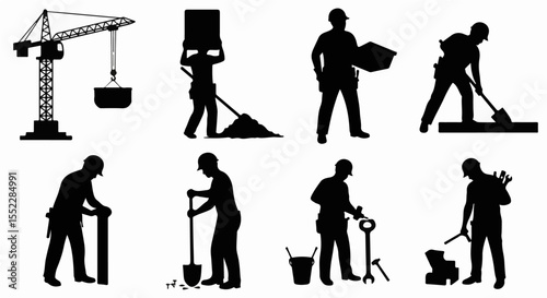 Silhouette illustrations depicting construction workers and heavy machinery at a construction site.