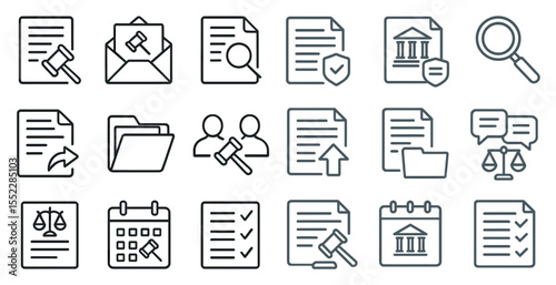Set of icons for legal documents, including a gavel, a court document, a contract, and a check