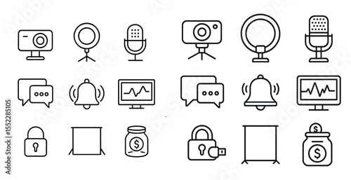 Set of icons for various electronic devices and accessories. The icons include a camera, microphone, and a computer monitor. Scene is that of technology and communication