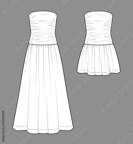 Vector maxi strapless flare hem dress fashion CAD, flare woman skirt with gathering detail sketch, template, flat, technical drawing. Woven fabric 2 pcs set of dress with front view in white color