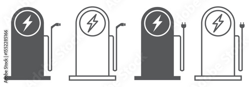 Electric Vehicle Charging Icons. EV, Battery, Plug in Car Silhouettes