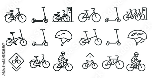 Series of bicycles and scooters are shown in a line. The bicycles are of various sizes and styles, including a tricycle and a bicycle with a helmet. The scooters are also of different sizes