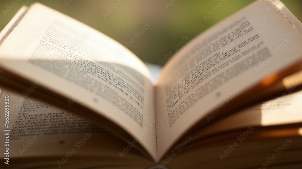 Obraz premium Open vintage book with text on sunny day