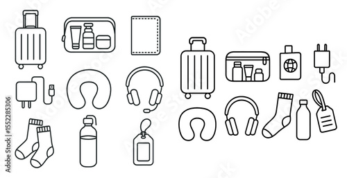 Set of travel items including a bottle of water, a bottle of lotion, a bottle of shampoo, a bottle of conditioner, a bottle of perfume, a bottle of sunscreen, a bottle of hand sanitizer, a bottle of