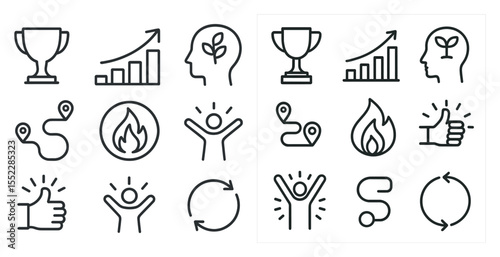 Set of icons that include a person with a thumbs up, a person with a thumbs down, a person with a fire, a person with a heart, a person with a smile, a person with a star, a person with a trophy,