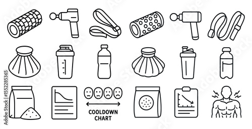Line of fitness items including a foam roller, a bottle of water, and a bottle of ibuprofen