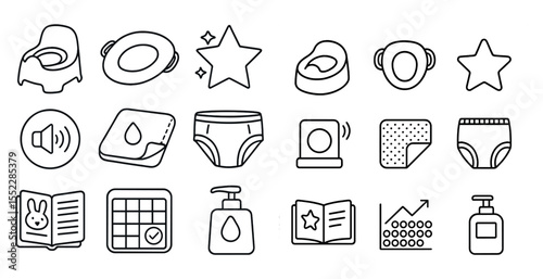 Set of icons for baby care items. The icons include a diaper, a bottle, a book, a star, a toilet, a cup, a bottle, a star, a star, a star, a star, a star